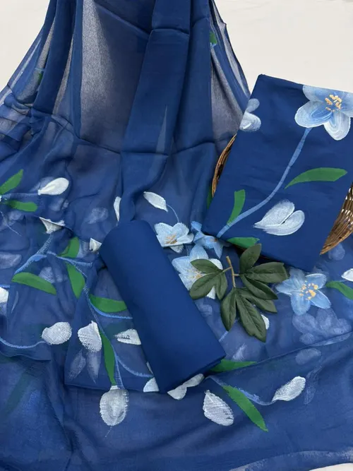 Elegant Hand-Painted Cotton Suit Set with Lightweight Chiffon Dupatta